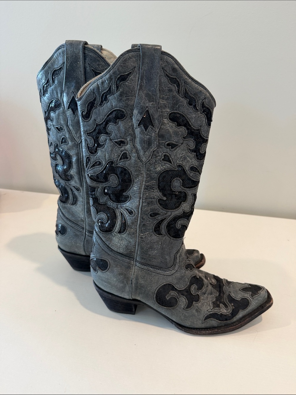 Corral Gray Leather Western Embroidered Heeled Boots